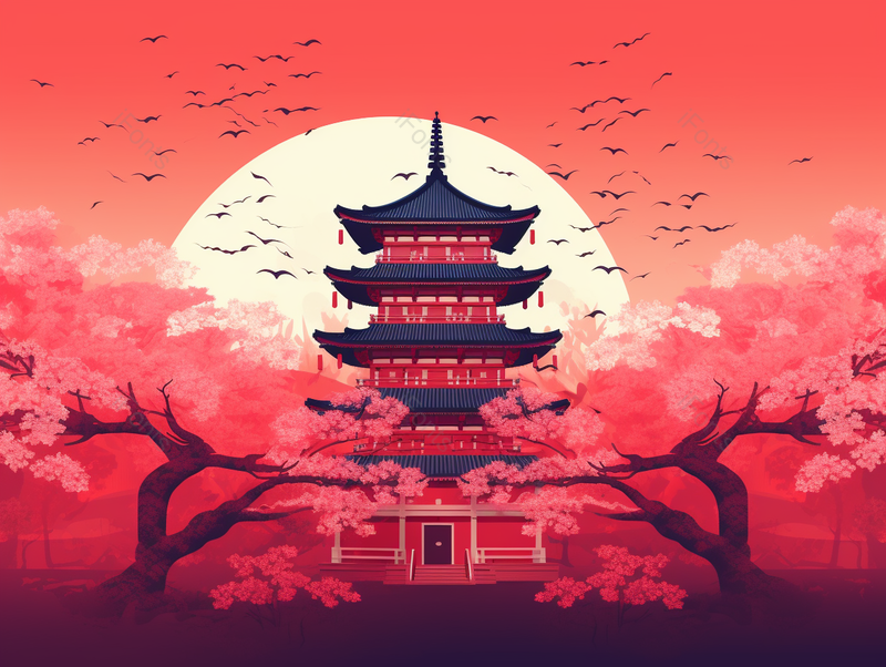 国潮中国风群鸟环绕古代建筑手绘红色背景插画壁纸,插画/手绘图,插画/手绘图库,插画/手绘图下载,插画/手绘